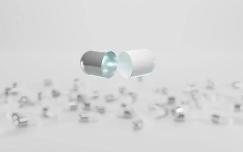 Open empty white and silver capsule on background of closed powder pills Stock Illustration
