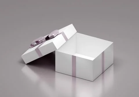 Open empty white gift box on gray reflective table, 3d render Stock Illustration