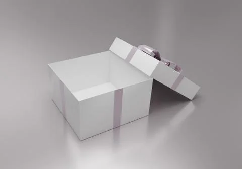 Open empty white gift box on gray reflective table, 3d render Stock Illustration