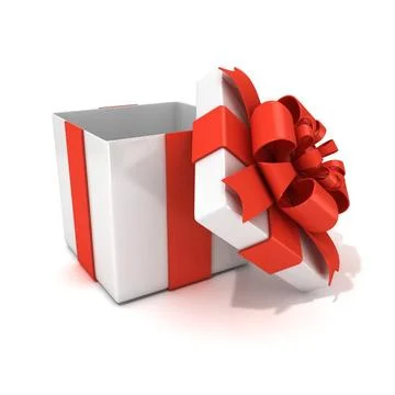 Open, empty, white gift box with red ribbon, 3D Open, empty, white gift bo... Stock Photos
