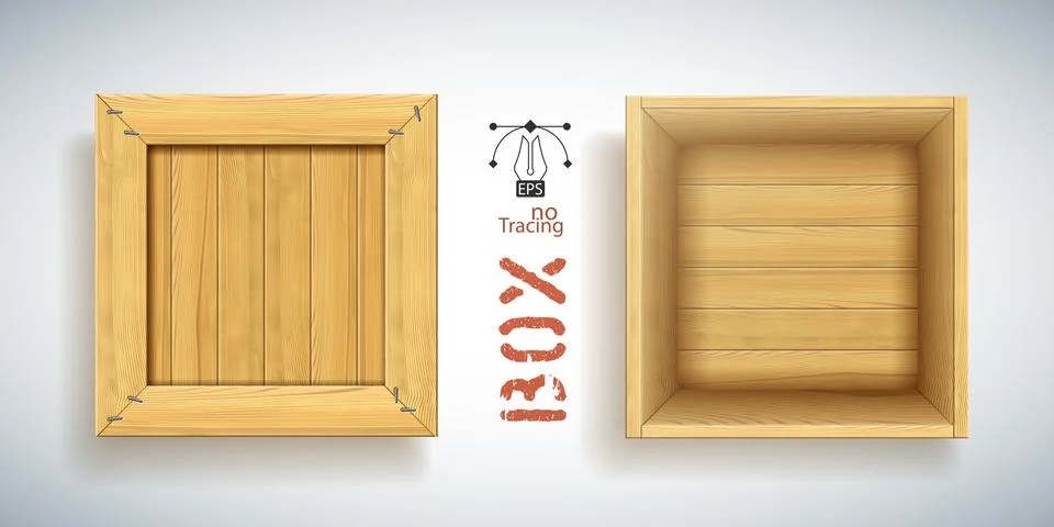 Open empty wood vector crate with stapled lid Illustrazione stock