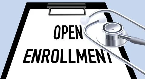 Open enrollment. The text is written in a notebook and a stethoscope. Flat ve Stock Illustration