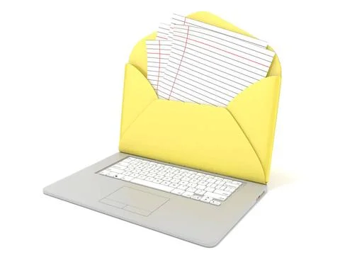 Open envelope and blank lined paper on laptop. Side view. 3D Open envelope... Stock Photos