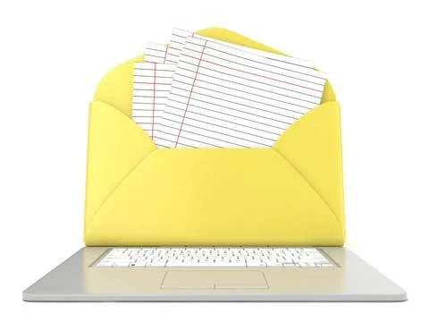 Open envelope and blank lined paper on laptop. Front view. 3D Open envelop... Foto stock