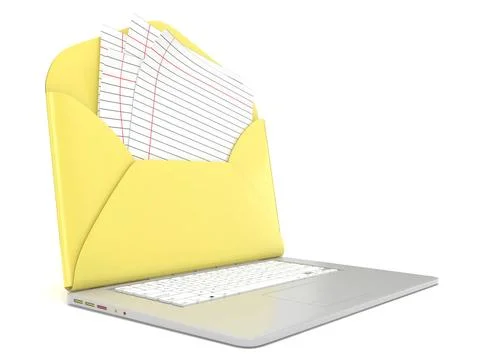 Open envelope and blank lined paper on laptop. Side view. 3D Open envelope... Foto stock