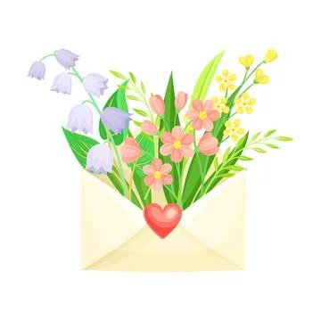 Open Envelope with Blooming Flower Bunch Peeped Out as Spring Vector Composition Stock Illustration