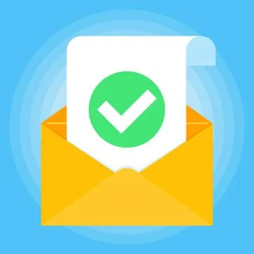 Open envelope with document paper sheet page check mark tick OK Illustrazione stock