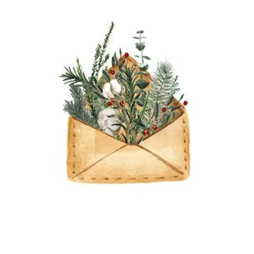 Open envelope with fir tree branches A monkey with an envelope. A letter for  Stock Photos