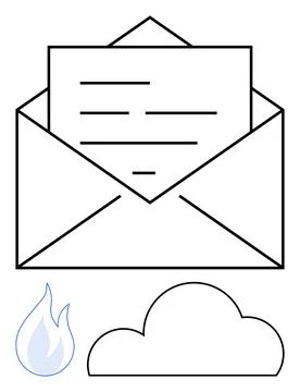 Open envelope with letter, a cloud representing online storage, and flame ind Stock Illustration