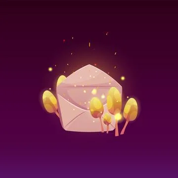 Open envelope with magic sparkling mushrooms, vector cartoon empty letter w.. Stock Illustration