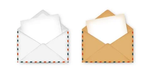 Open envelope with paper for notes inside. White and brown notepaper. Vector Stock Illustration