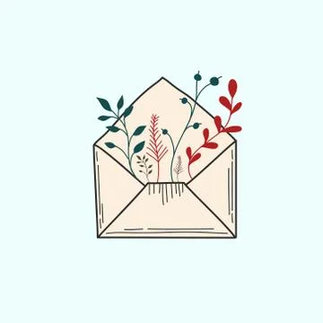 Open envelope with plants. Mail symbol. Colored Vector illustration in doodle Stock Illustration