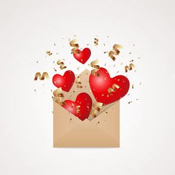 Open envelope with red hearts and golden confetti explosion Stock Illustration