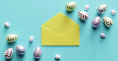 Open envelope surrounded by easter eggs.3d rendering. Illustrazione stock