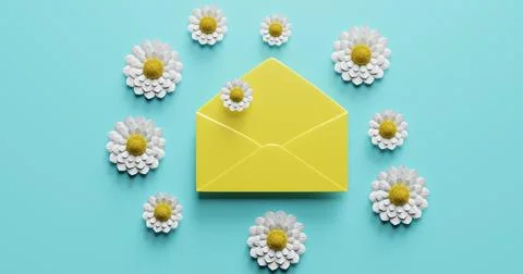 An open envelope surrounded by flowers on a blue background. b Illustrazione stock