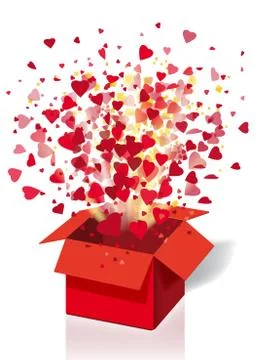 Open explosion red gift box fly hearts and confetti Happy Valentine s day Stock Illustration