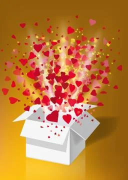 Open explosion white gift box fly hearts and confetti Happy Valentine s day Stock Illustration