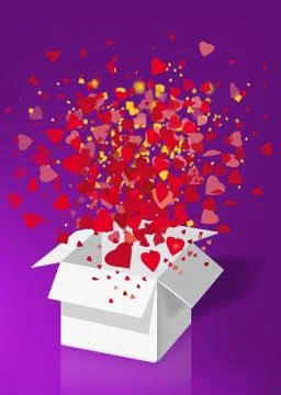 Open explosion white gift box fly hearts and confetti Happy Valentine s day Stock Illustration