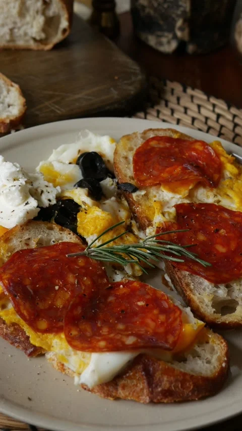 Open face breakfast toast with fried egg chorizo sausage Vídeos de archivo 334850933