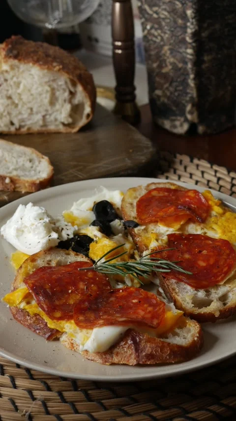Open face breakfast toast with fried egg chorizo sausage Stock-Footage 335583977