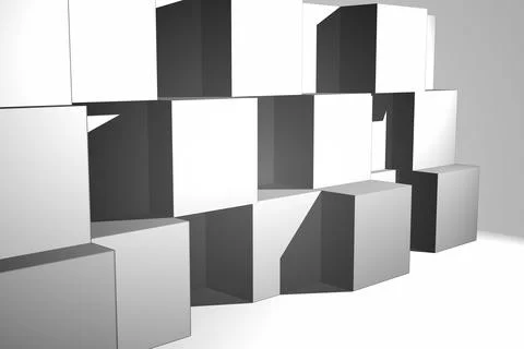 Open-faced and solid cube blocks are stacking in minimalist 3D render scene with Stock Illustration