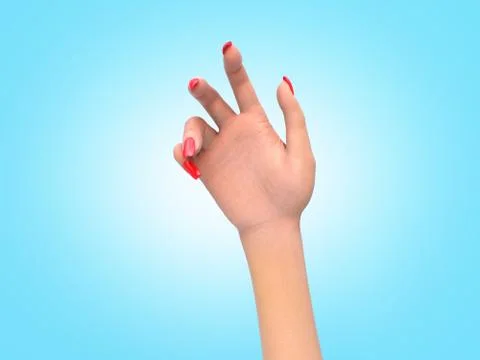 Open female hand in a static pose 3d render on blue gradient Illustrazione stock