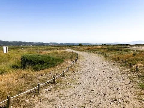 Open field with dirt trail bordered by wooden fence Foto stock