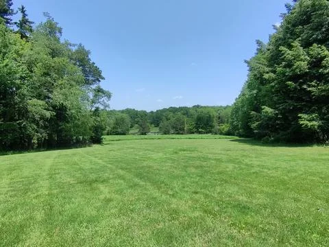 Open field overlooking a distant pond. Stock Photos
