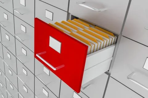 Open filing cabinet drawer with documents inside - data collection concept. 3 Illustrazione stock