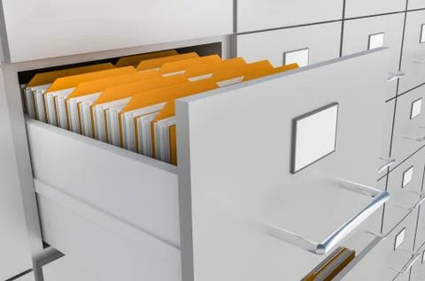 Open filing cabinet drawer with documents inside - data collection concept. 3 Illustrazione stock