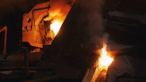 Open fire and sparks from blast furnace in Smelting department of Aluminum plant Stock-Footage 75160282