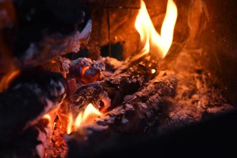 Open fire burning in campfire at evening outdoor. close up Stock Photos