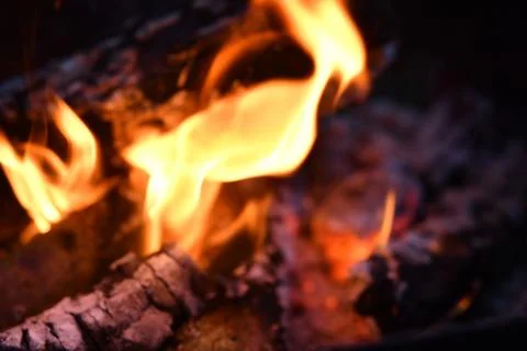 Open fire flame burning in campfire at evening outdoor. close up Stock Photos