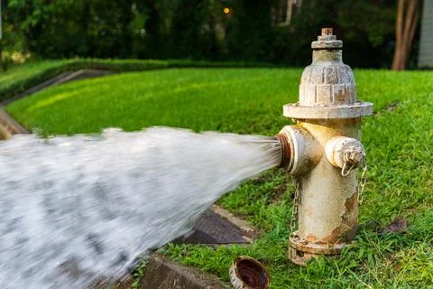 Open fire hydrant gushing water onto street. Stock Photos