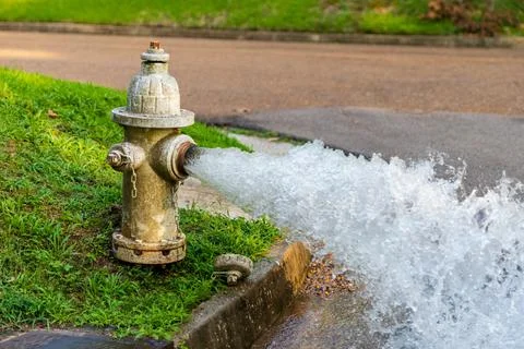 Open fire hydrant gushing water onto street. Stock Photos