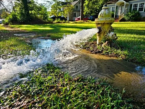 An Open Fire Hydrant Gushing Water Foto stock