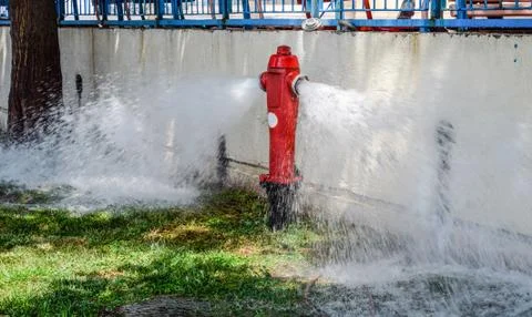 Open fire hydrant, water flows from fire hydrant. Foto stock