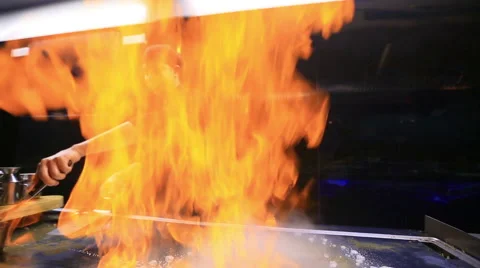Open fire in a restaurant Stock Footage 52844687
