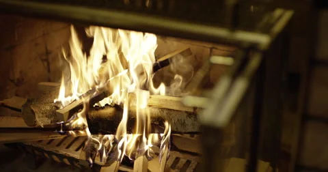 Open fireplace fire burning Stock Footage 56918211