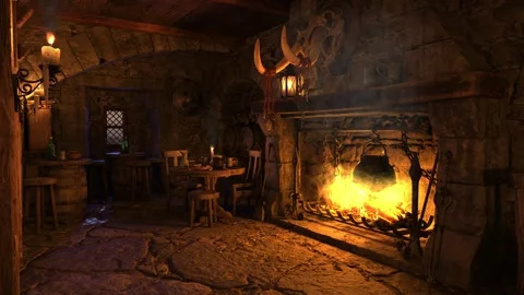 Open fireplace in a medieval tavern. 3D animation. Stock Footage 257339428