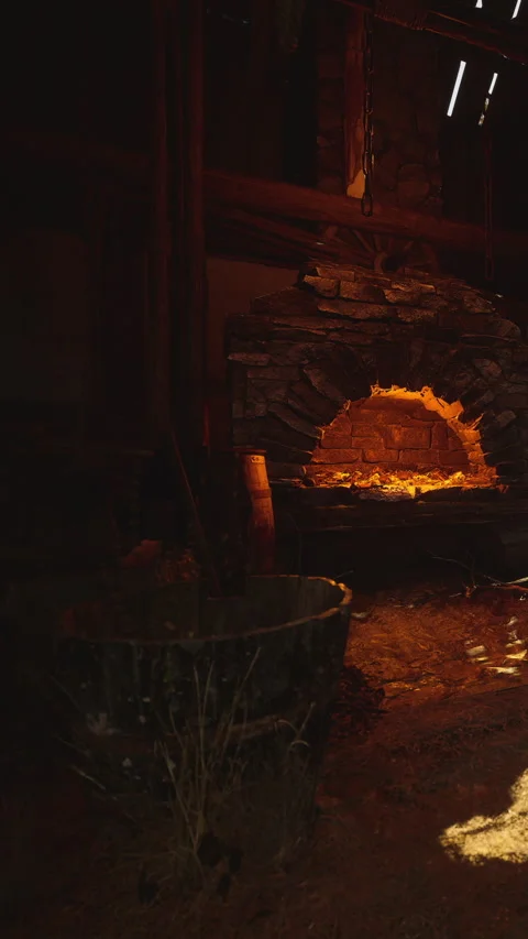 Open fireplace in rustic cabin during evening hours Stock Footage 339042795