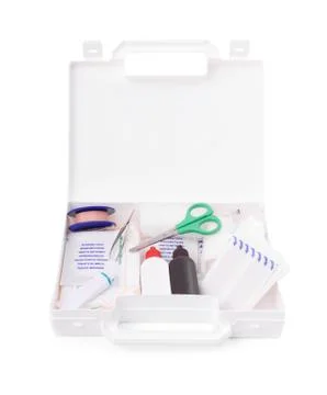 Open first aid kit isolated on white background Stock Photos