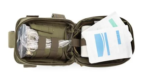 Open first aid kit isolated on white, top view Stock Photos