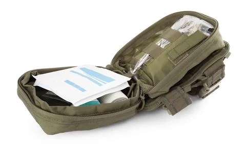 Open first aid kit isolated on white Foto stock