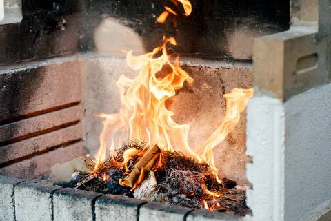 Open Flame Burning in Outdoor Brick Barbecue Grill Stock Photos