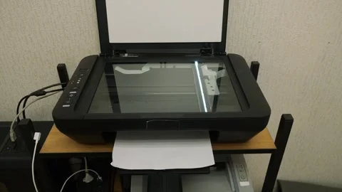 Open Flatbed Scanner Setup. Device Featuring Open Lid Revealing Scanning Surface Stock Footage 330396350
