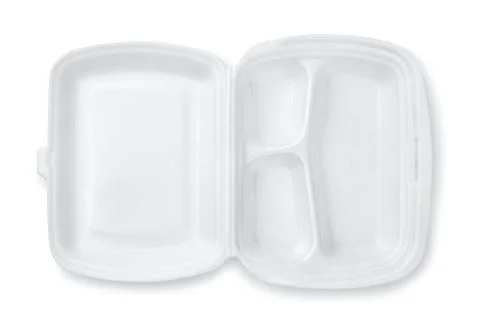 Open foam hinged three compartment meal container Foto stock