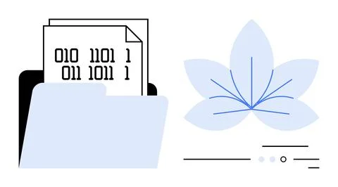 Open folder with binary code documents, alongside abstract blue flower with l イラスト素材