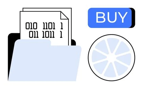 Open folder with binary code papers, BUY button, and annotated pie chart. Ide Stock Illustration