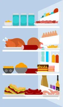 Open fridge Inside view. lot of food. Refrigerator Stock Illustration